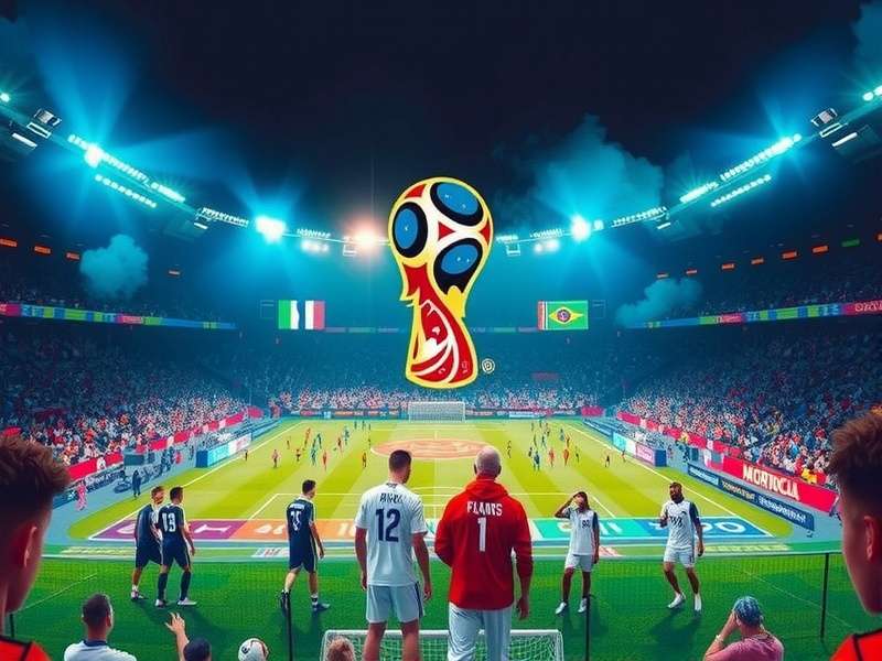 A vibrant crowd of football fans in a stadium during a World Cup match, holding tickets and cheering