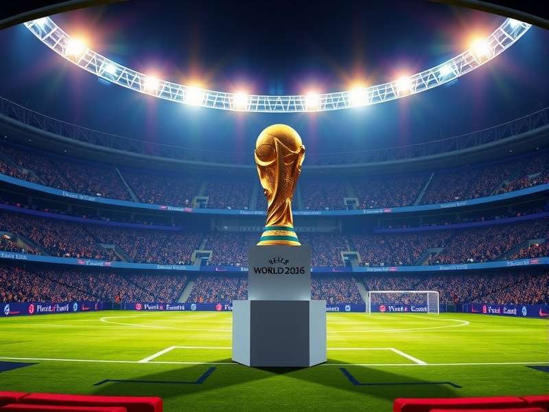 Artistic illustration of the FIFA World Cup 2026 Draw ceremony with team balls and a stadium backdrop