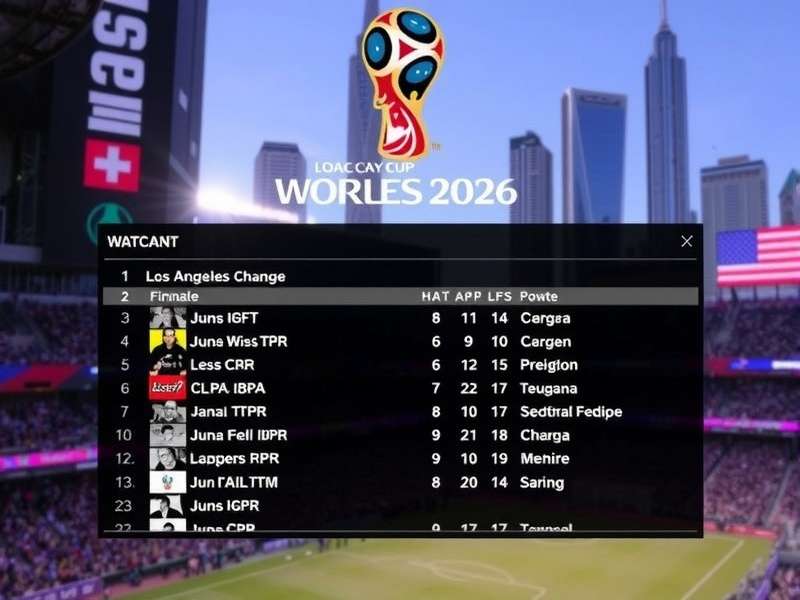 Aerial view of SoFi Stadium in Los Angeles at dusk, with lights on