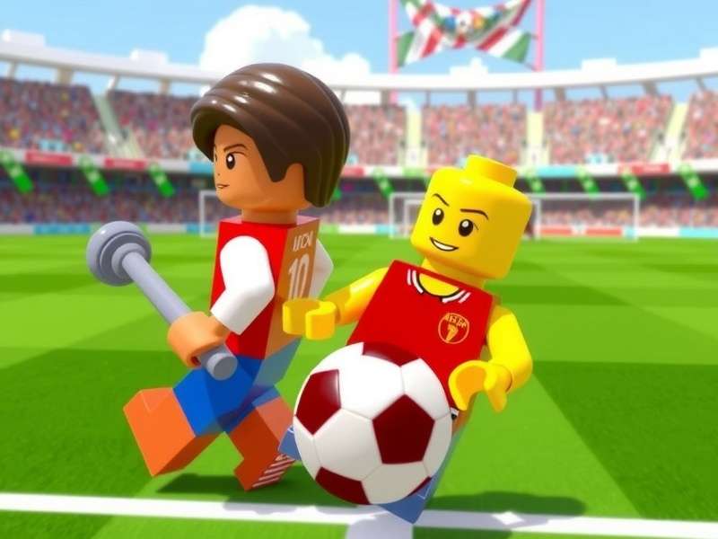 A vibrant digital Lego stadium filled with minifigures during a World Cup match