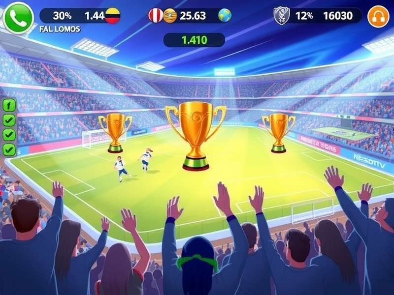 Golden FIFA World Cup trophy displayed on a pedestal with stadium lights in background
