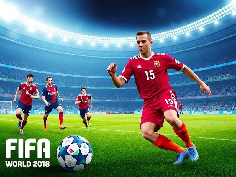 FIFA World Cup 2018 trophy displayed on a pedestal with stadium lights in the background